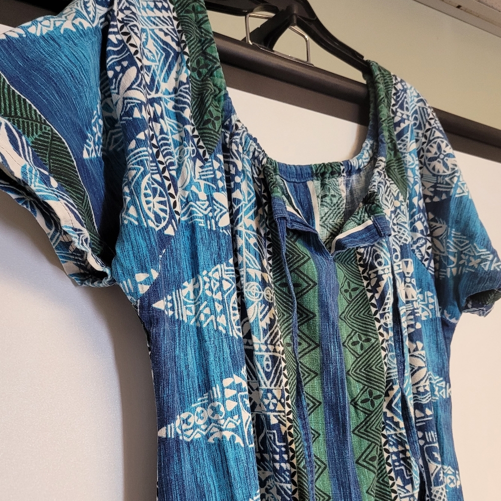 Handmade Beautiful Blue & Green Printed Bohemian Maxi Dress, Size Large - Picture 4 of 6